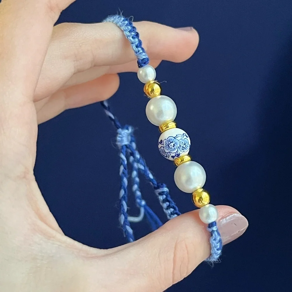 Handmade woven bracelet blue gold adjustable beaded - Picture 11 of 11